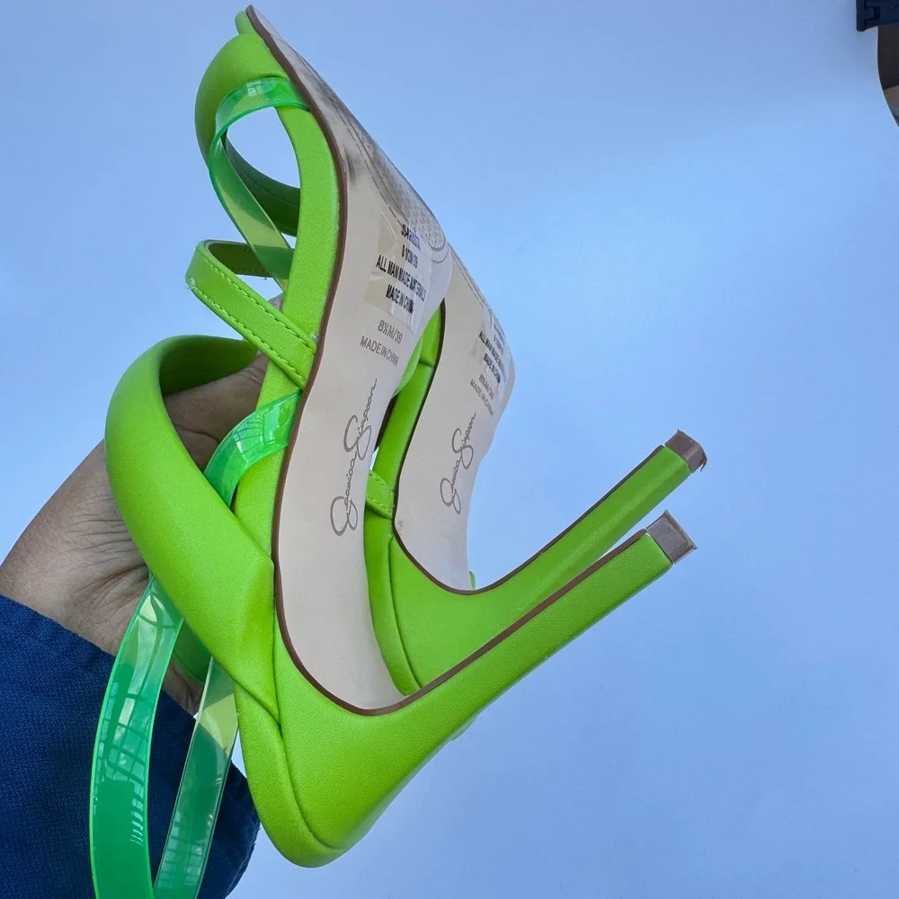 Jessica Simpson Krissta Green Transparent Asymmetrical Stiletto Slip On Size 8.5
